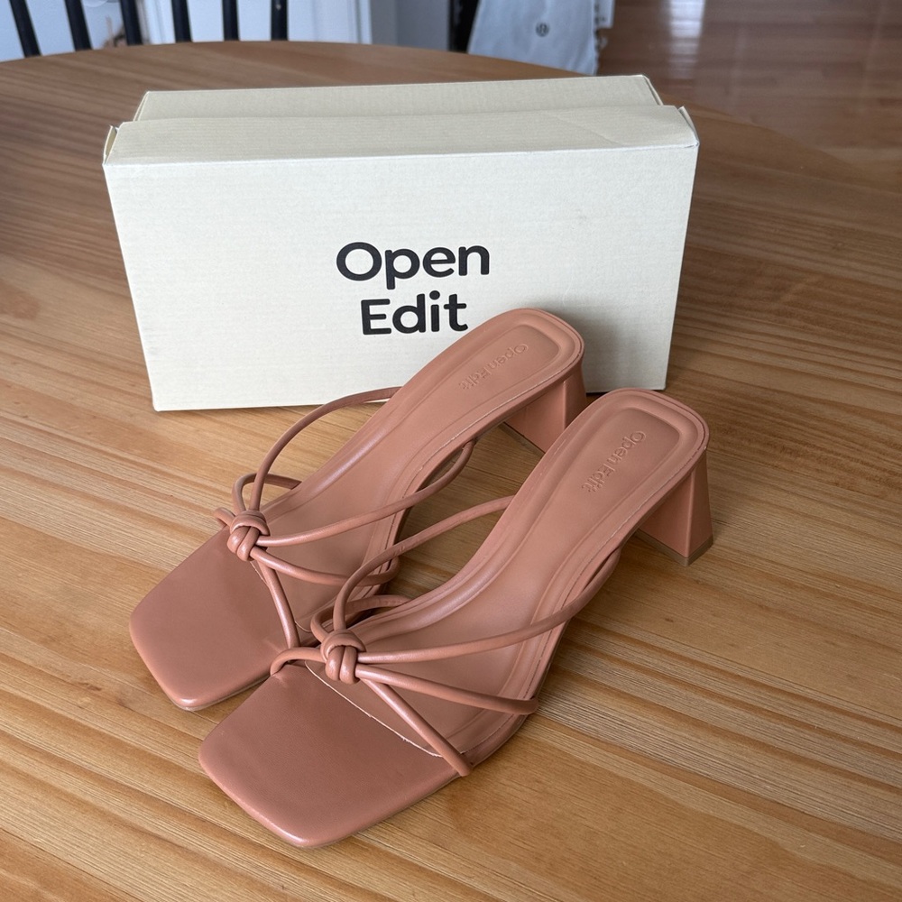 Open Edit Jamie Square‎ Toe Block Heel Sandal in Tan in Cashew Tan NEW IN BOX!